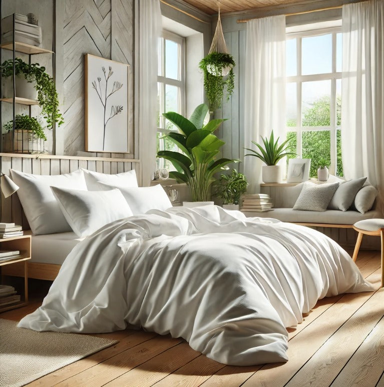 Bamboo Bedding in a nicely decorated room with plants