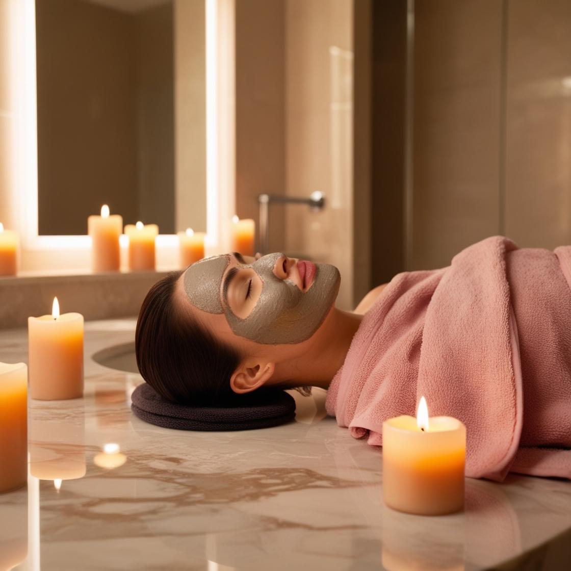 Clay Face Mask that women in a bath using with spa like bathroom 