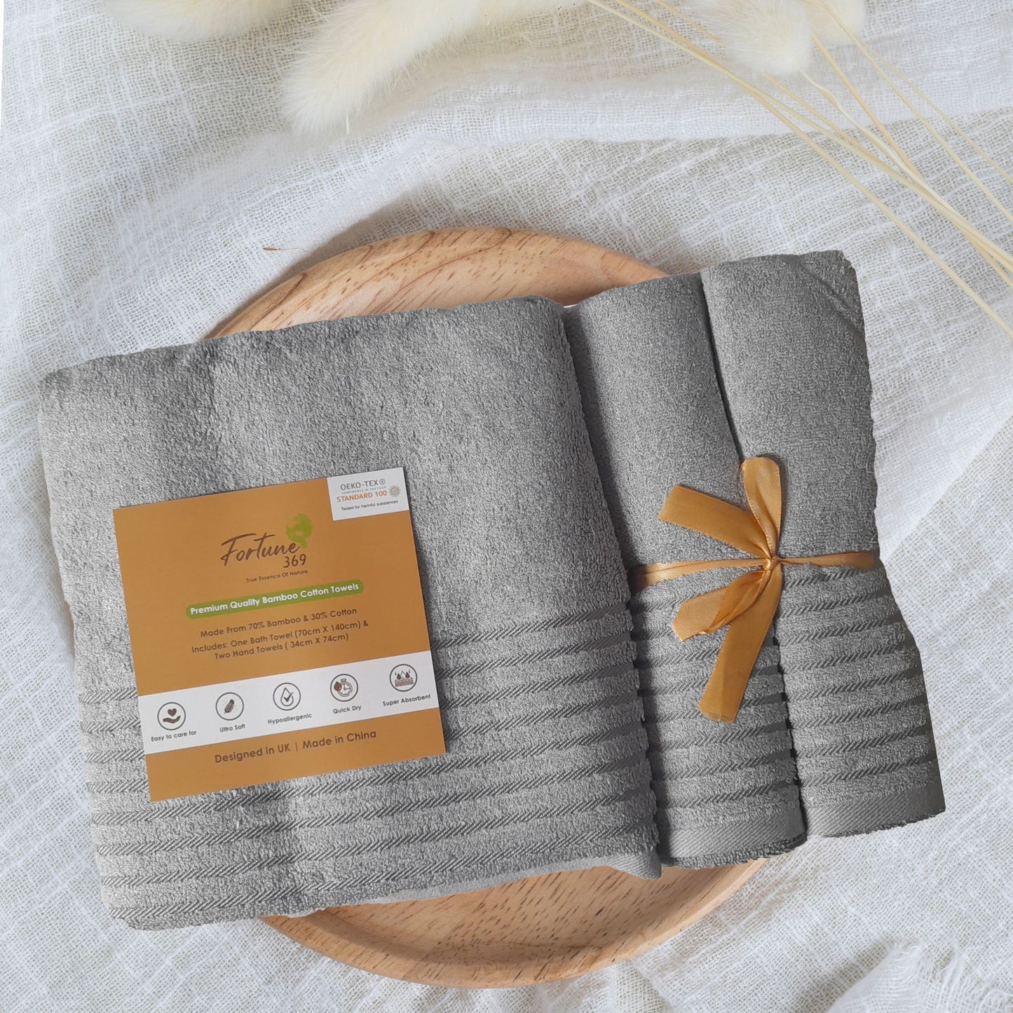 3 - PIECE BAMBOO COTTON TOWEL SET - GREY - Fortune369 Bamboo Gifts