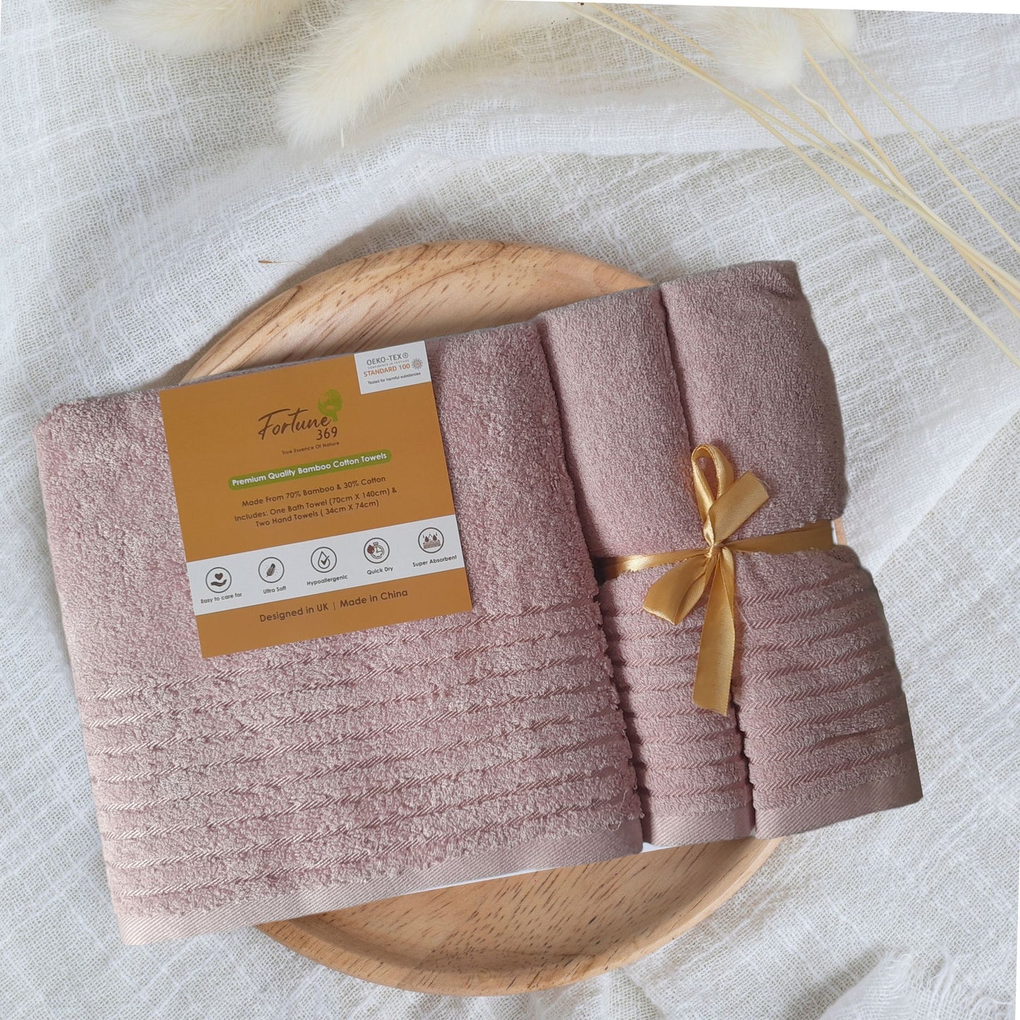 3 - PIECE BAMBOO COTTON TOWEL SET - PINK - Fortune369 Bamboo Gifts