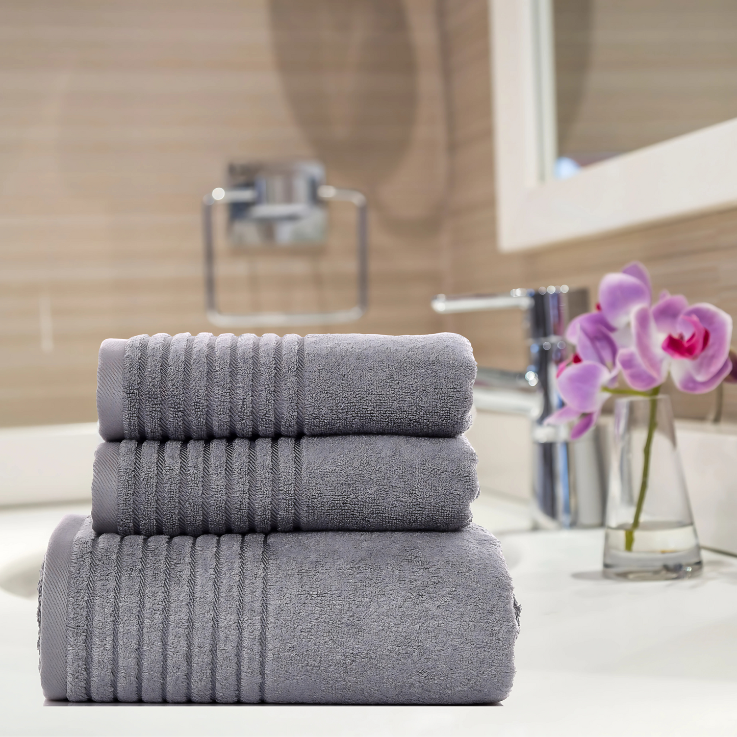 3 - PIECE BAMBOO COTTON TOWEL SET - GREY - Fortune369 Bamboo Gifts